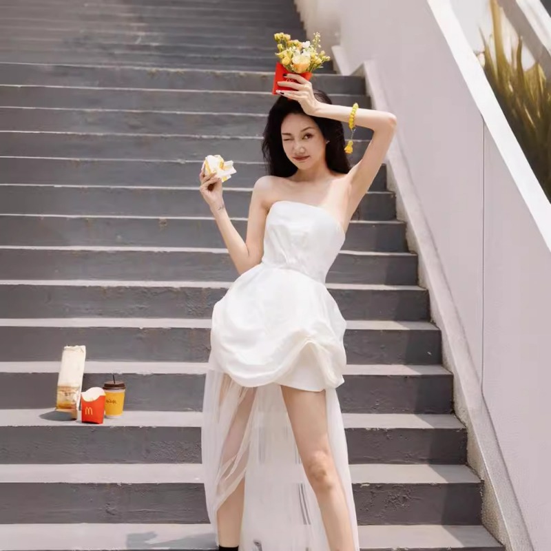 Photography And Lighting - Franse witte strapless ochtendjurk, lichte trouwjurk,
